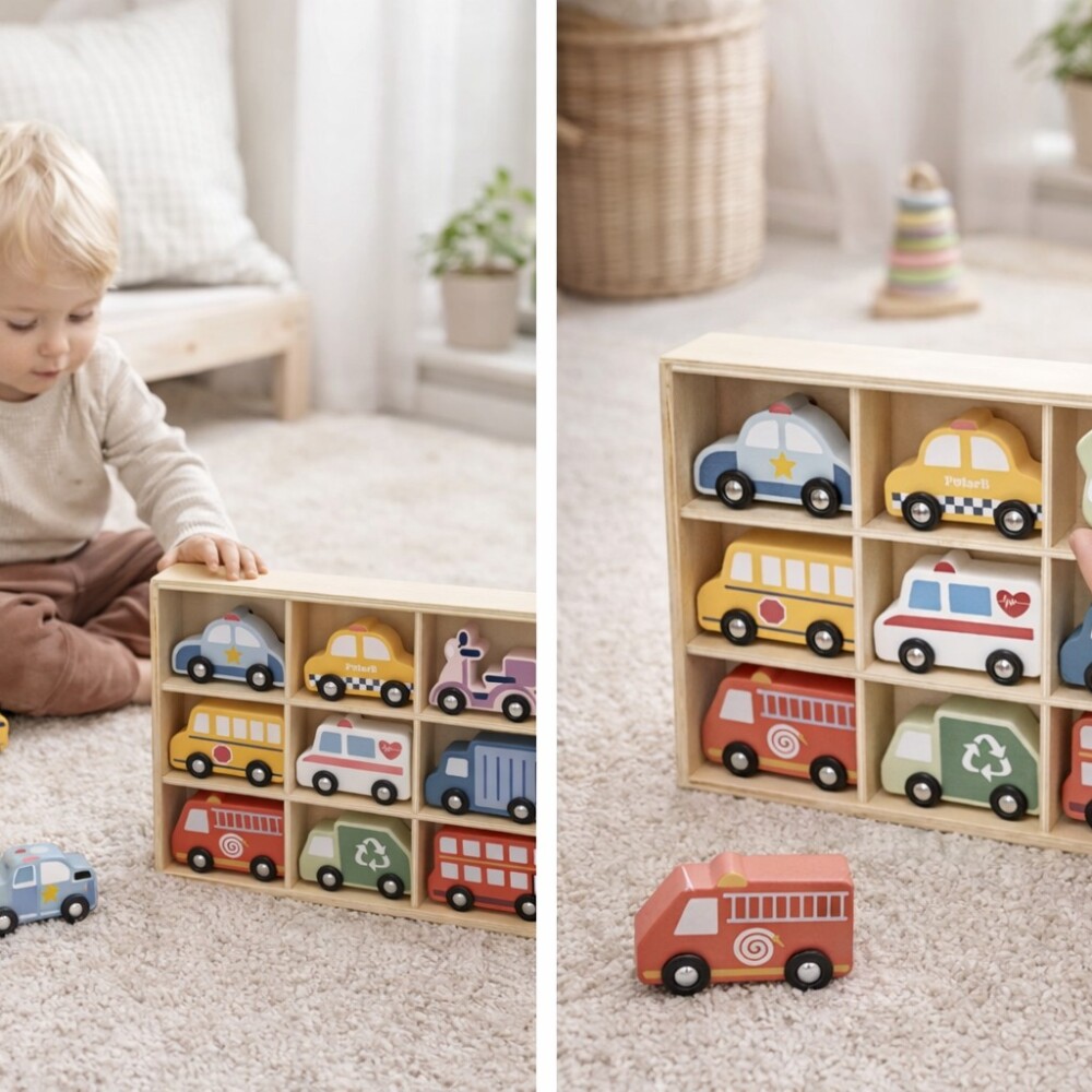 Set x9 vehiculos juguete madera viga Set x9 vehiculos juguete madera viga