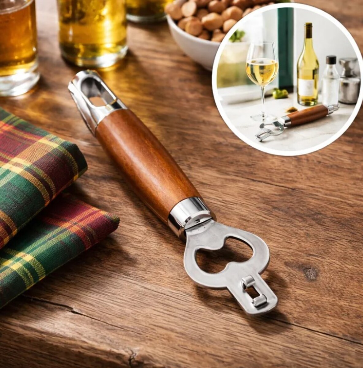 Destapador de Botellas de Acero Inoxidable con Mango de Madera 19.5cm 