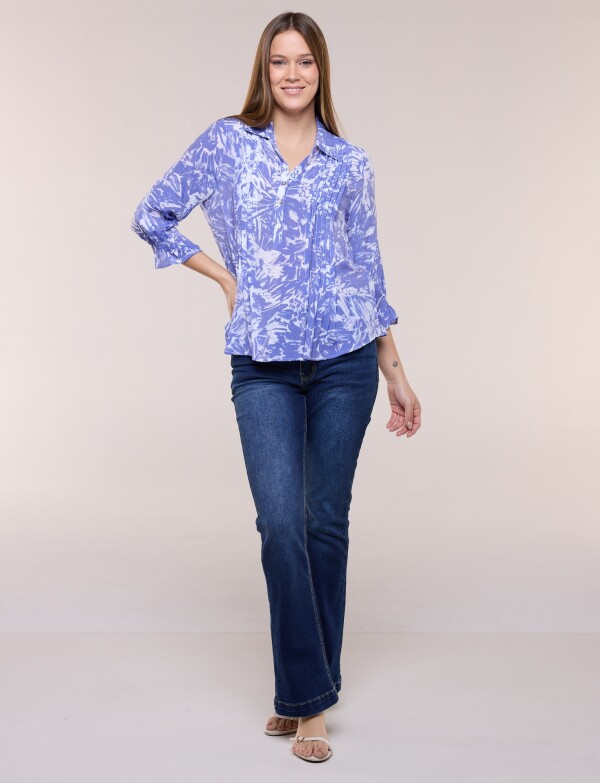 Blusa Estampada Pincelada Con Alforzas AZUL