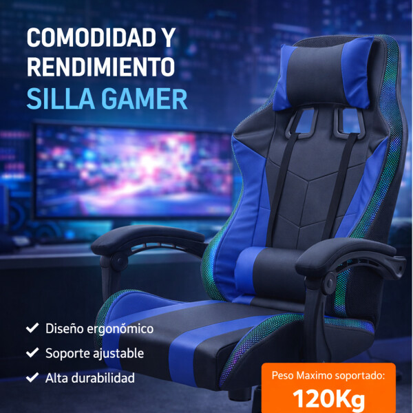 Silla Gamer Con Luces Led Rgb Ergonómica Y Reclinable 120kg AZUL