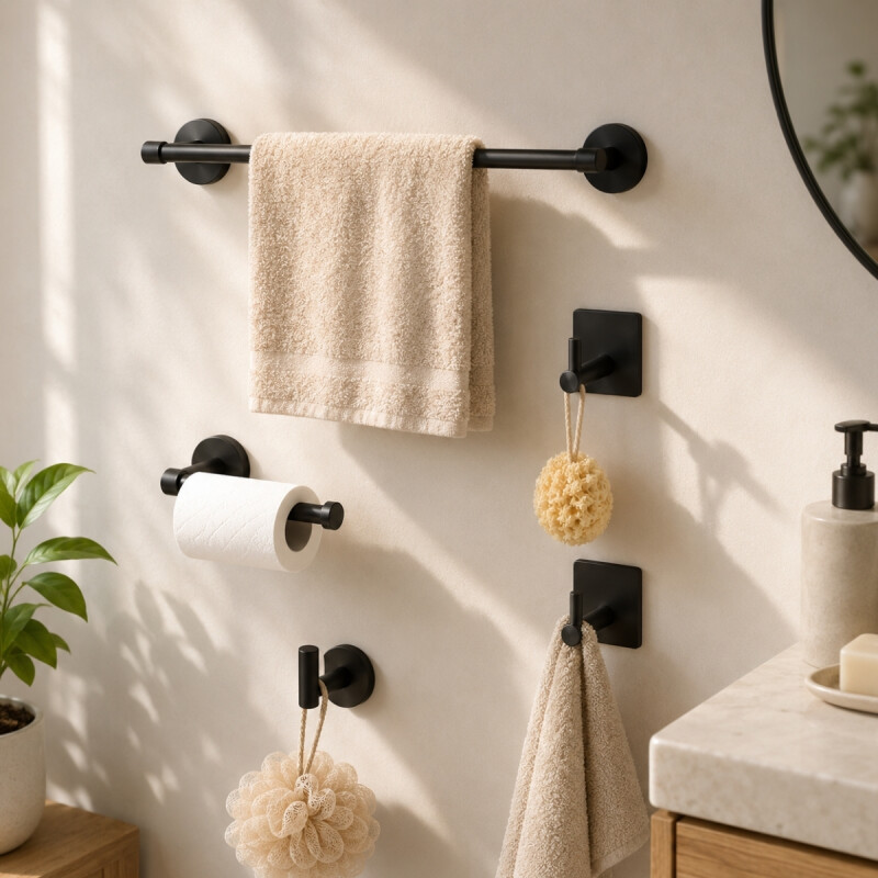 Conjunto de accesorios para baño 6 piezas en metal NEGRO