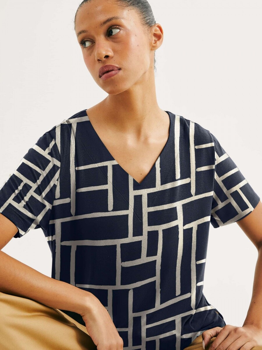 BLUSA DE CUELLO EN V CON ESTAMPADO - AZUL 