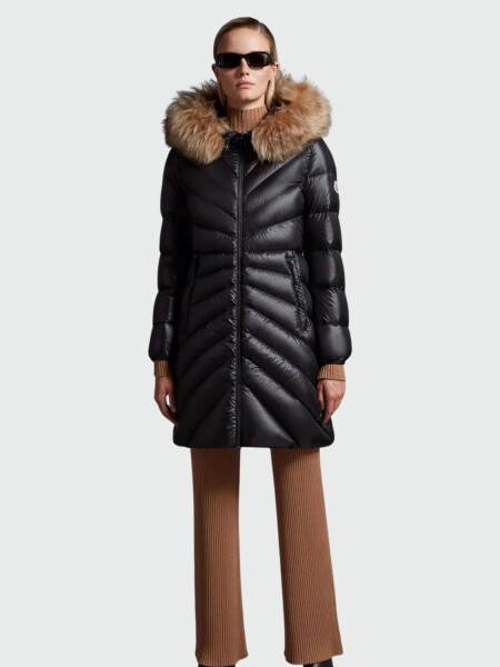 Moncler -Campera larga con capucha integrada rellena de plumas, Chandre Negro