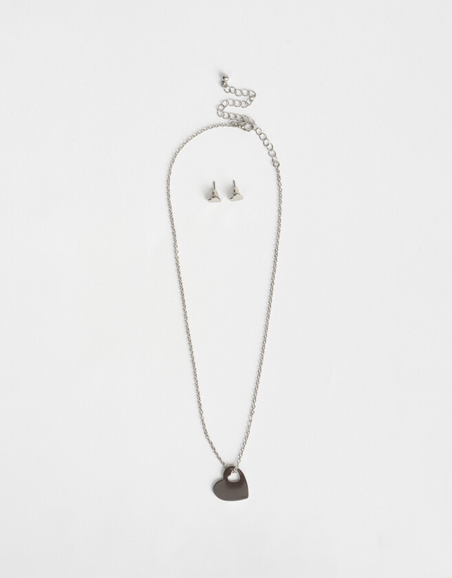 Bijouterie Set Con corazón Set De Collar Y Aros Pasantes Corazones - Plateado