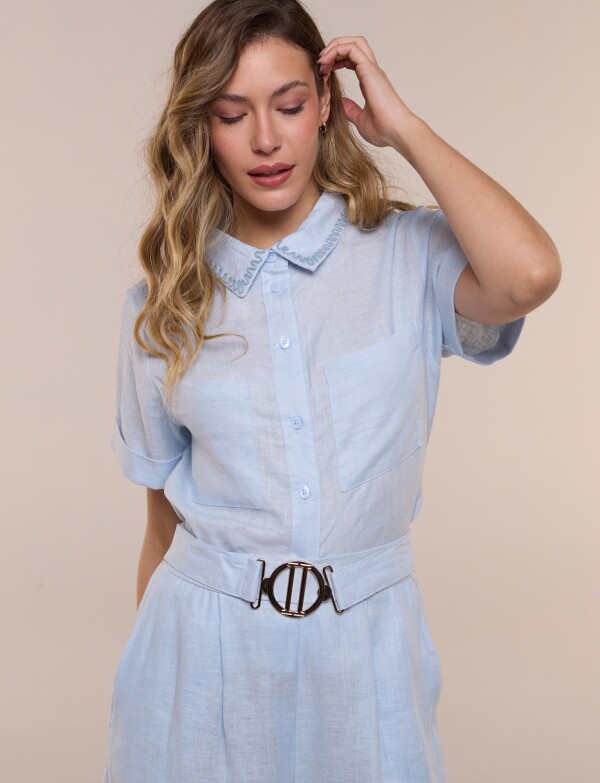Conjunto De Lino Camisa Bordada Y Pantalon Palazzo CELESTE