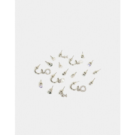 Set De Aros Con Strass Multicolor Plateado