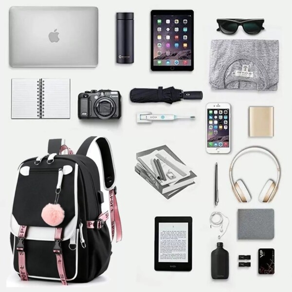Mochila Impermeable Kawaii Estilo Coreano Notebook Usb Variante Color Negro