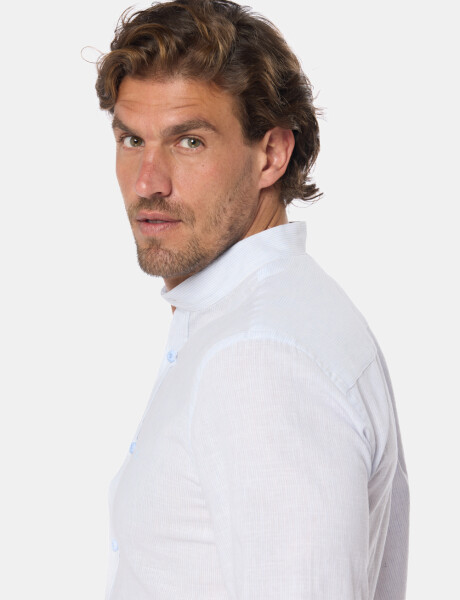 CAMISA RAYADA DE LINO CUELLO MAO Celeste