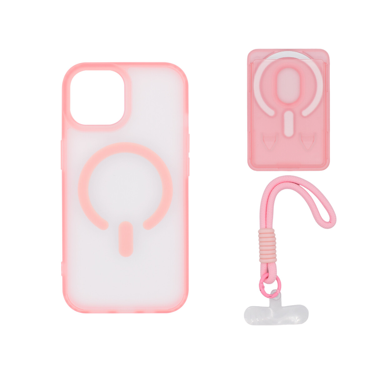Protector para iPhone 15 correa + tarjetero color rosa 
