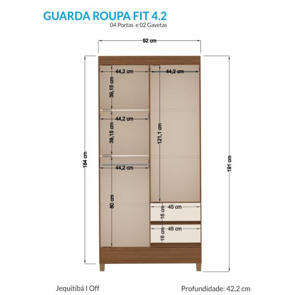 Ropero 4 puertas 2 cajones - Terminación Jequitibá Claro Ropero 4 puertas 2 cajones - Terminación Jequitibá Claro