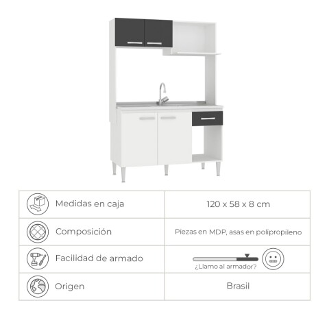 Kit de cocina compacta 4 puertas 1 cajón Patas Ajustables y Rieles Metálicos 122 x 52 x 187cm Blanco / Grafito