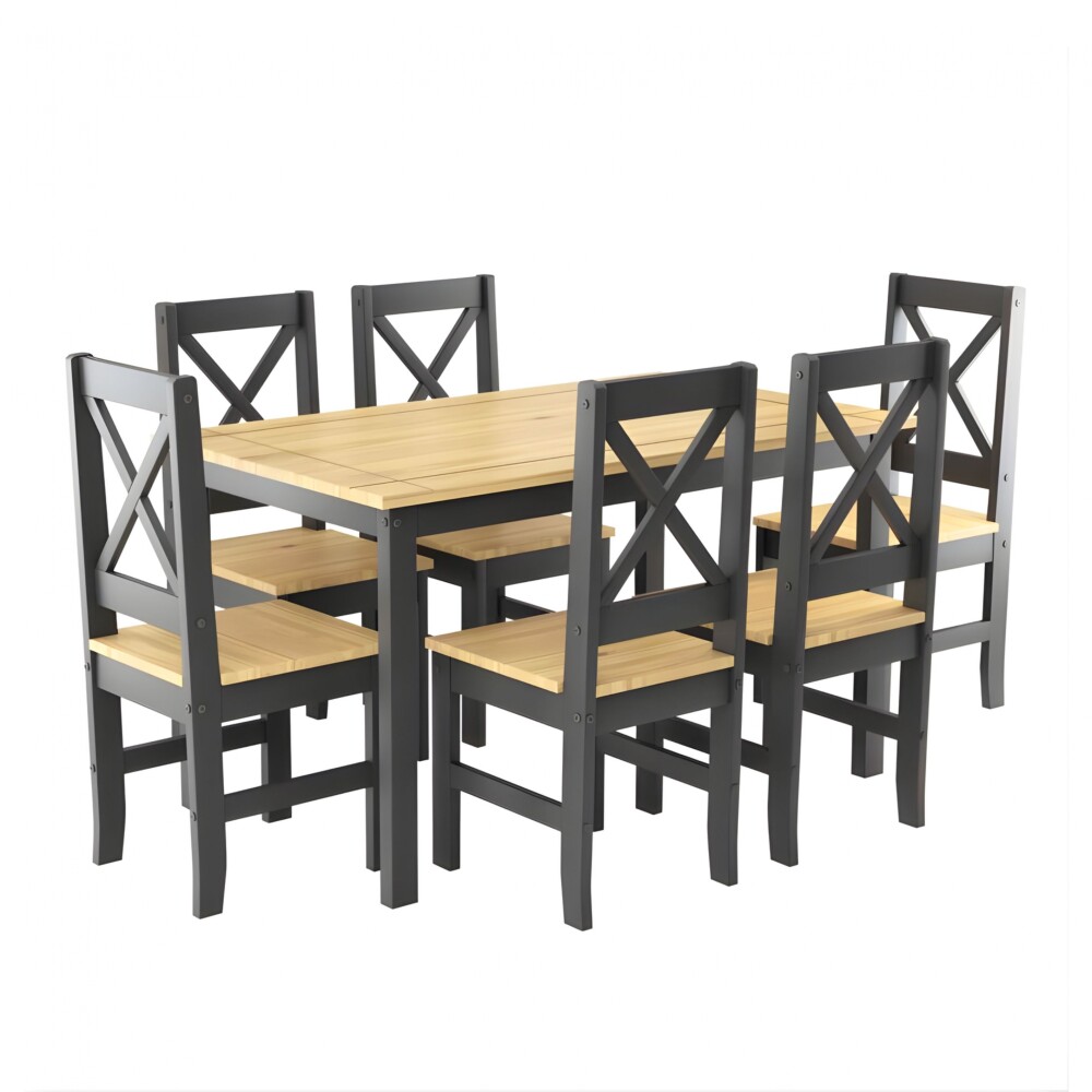 Juego de comedor 6 sillas - Madera maciza - Cruceta Negro