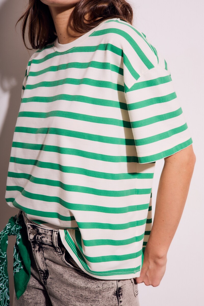 Remera Algodon Lavado Rayada Verde Verde