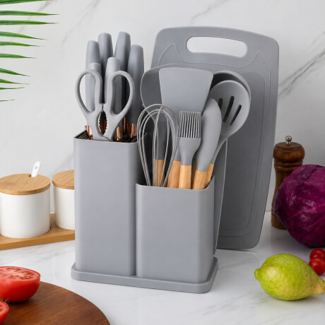 Set Cocina Menage 19Pz Utensillos Cuchillos Tabla c/Soporte Gris