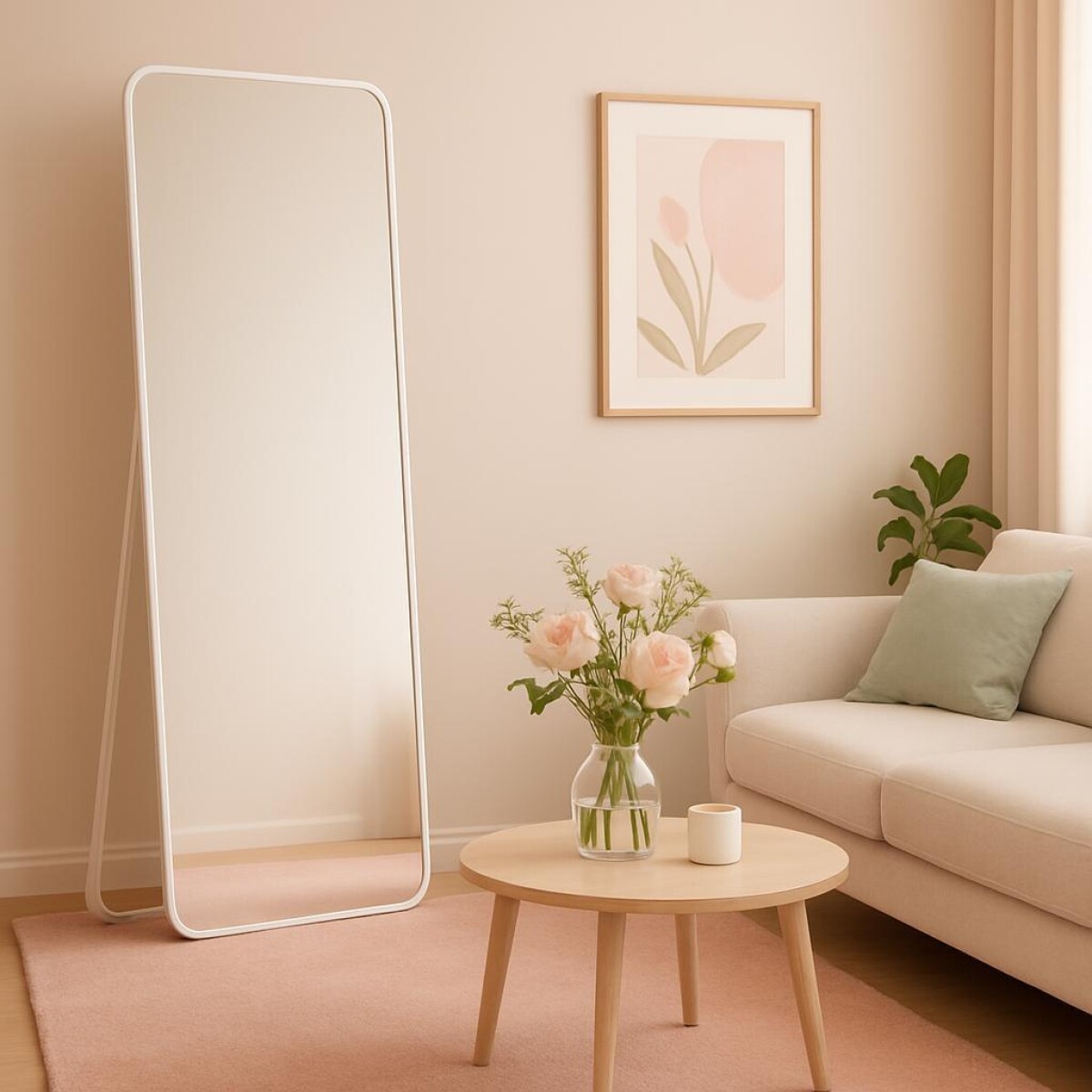Espejo Rectangular de Pie con Marco de PVC Modelo Flor - Blanco 