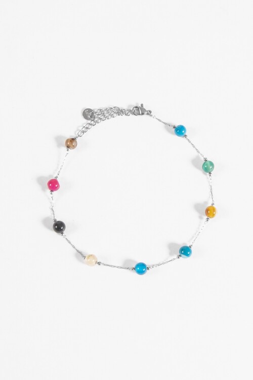 Tobillera acero cuentas piedra plateado