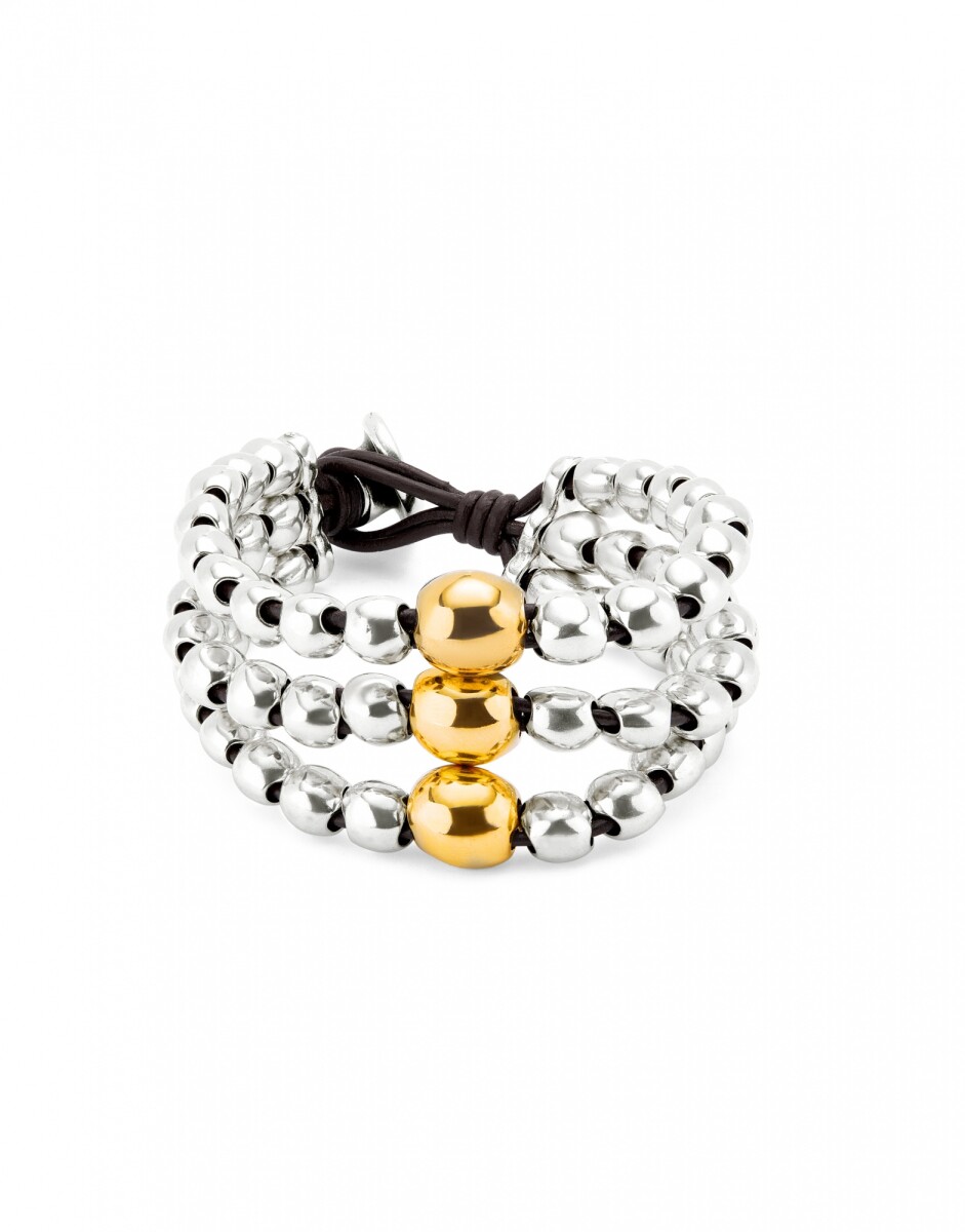 PULSERA DE TRES TIRAS DE CUENTAS DE ALEACIÓN DE METALES BAÑADAS EN PLATA DE LEY Y BOLA EN ORO 18K - Pulsera 