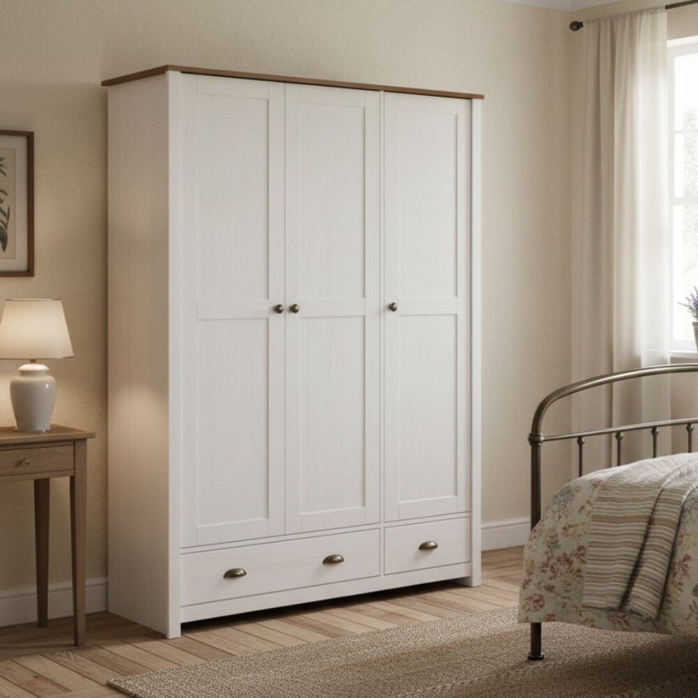 Ropero 3 puertas 2 cajones - Madera maciza - Linea Colonial Blanco