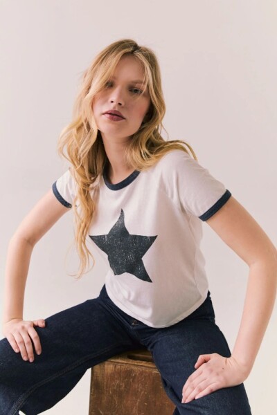 BLOCKED VINTAGE JERSEY ASH TEE Blanco