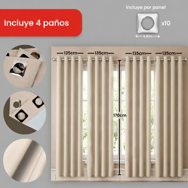 Set x4 paños cortina blackout 1,35m x 1,70m BEIGE
