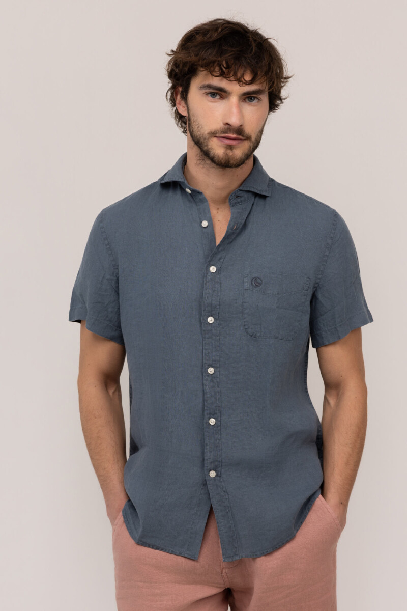 Camisa Lino Manga Corta Marino