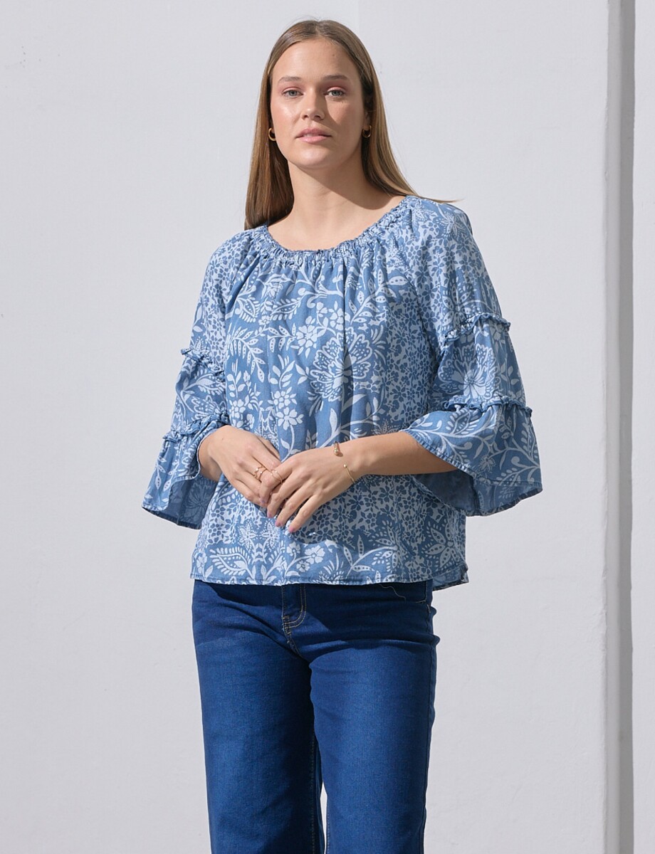 Blusa Lyocell Detalle Frunces - Azul/multi 