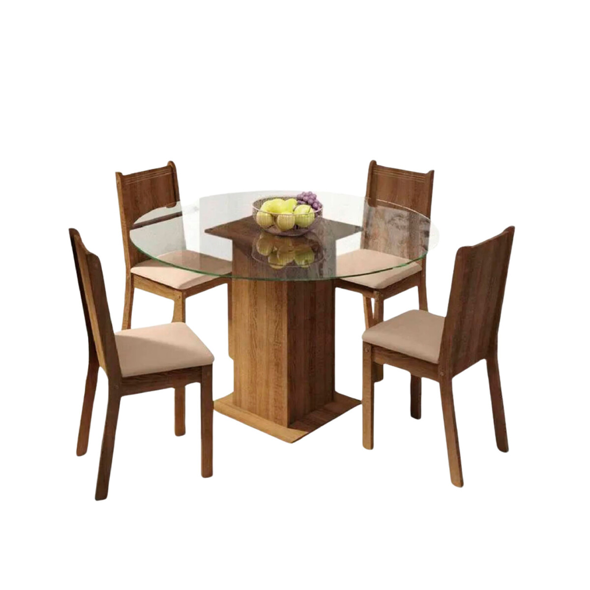 Juego de comedor con mesa redonda de vidrio y 4 sillas rústicas - Beige 