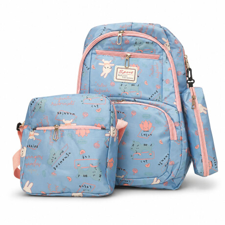 Set Mochila 3 Piezas Diseño Animalitos Escolar Resistente Celeste