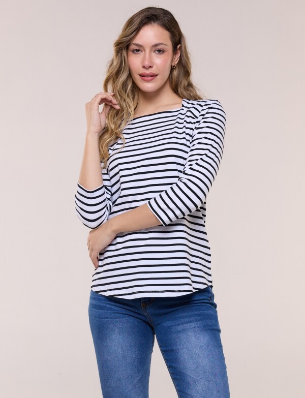 Remera Escote Bote Con Manga 3/4 Raglán BLANCO/NEGRO