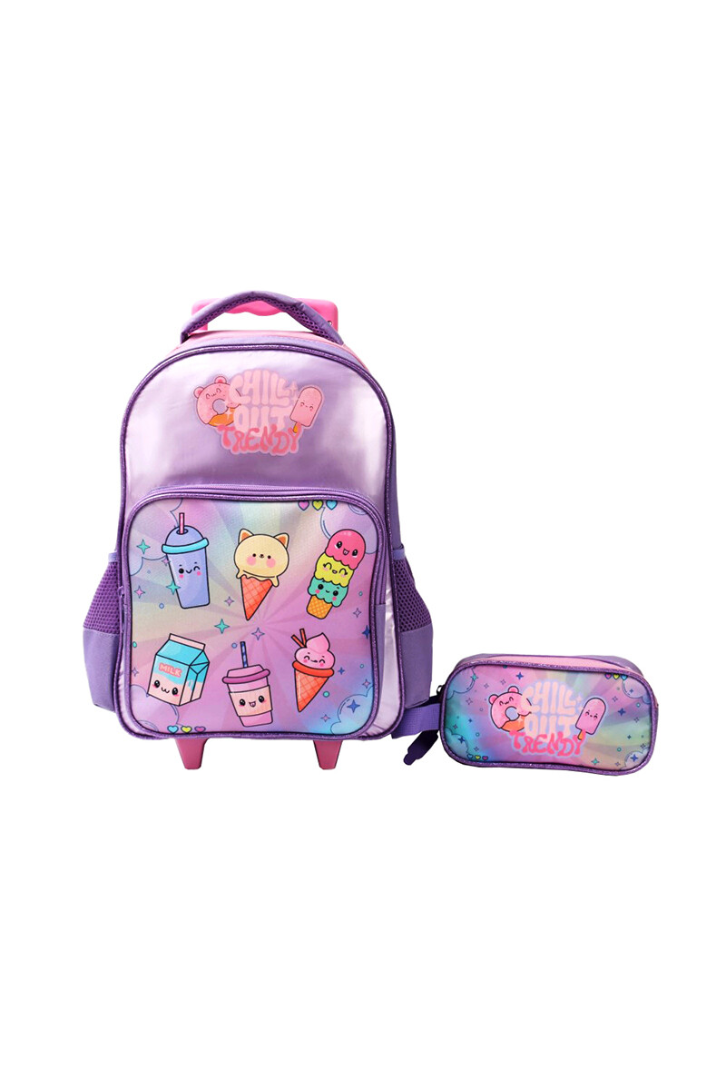 Mochila con carrito + cartuchera Trendy Lila