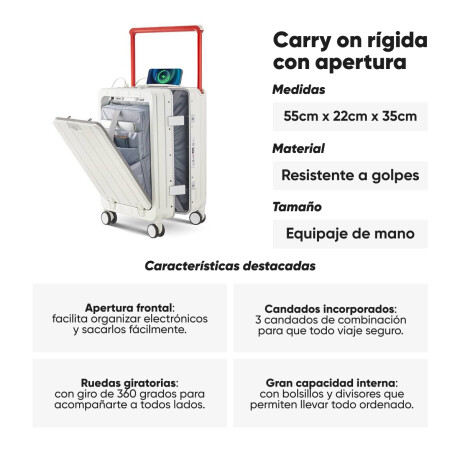 Valija carry on rí­gida con apertura delantera y cargador USB Verde