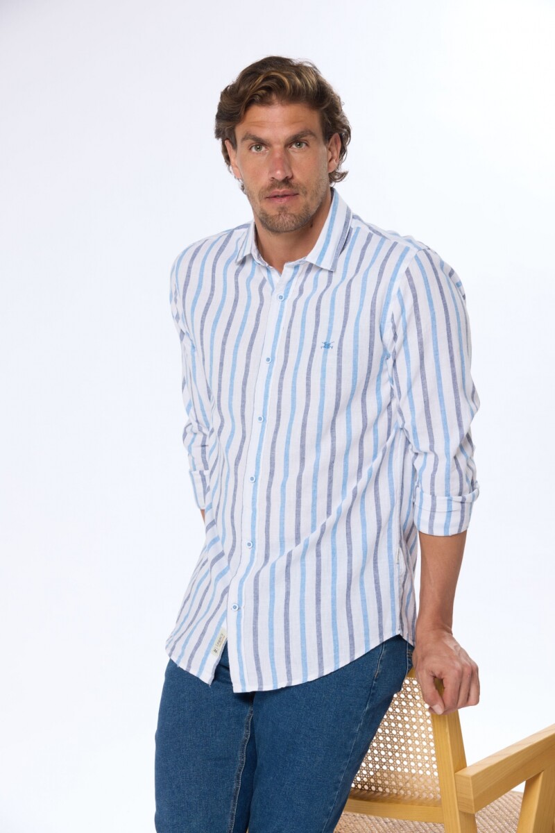 CAMISA DE LINO RAYADA - Azul 