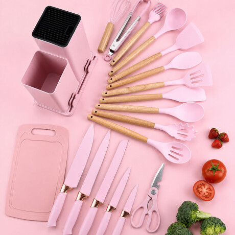 Set Utensilios Cocina 19Pz + Escurridor 3Niv. Drenaje Autom. Rosa