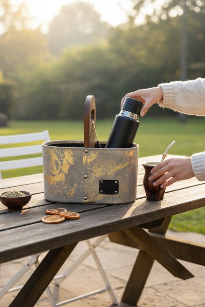 Matera Artesanal de Cuero con Detalles Metalizados Beige con dorado