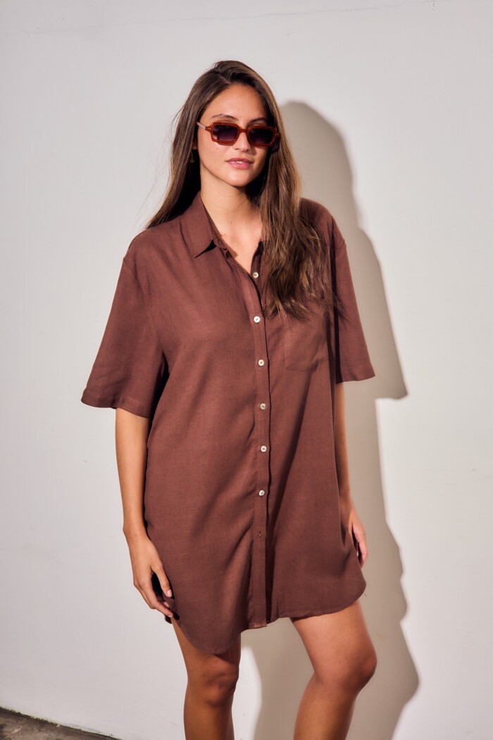 Vestido Camisero Con Lino Marron