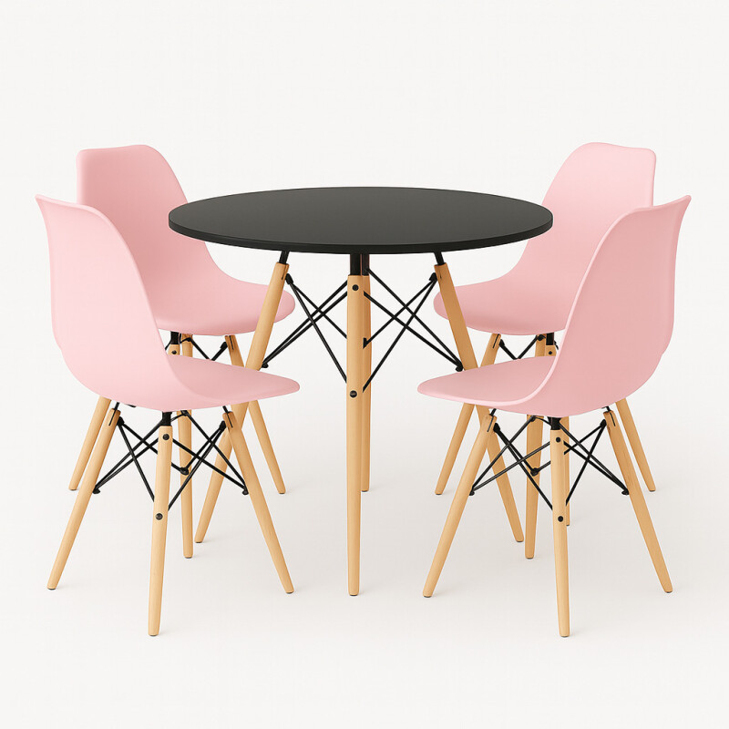 Juego de comedor Con Mesa Circular de 80cm + 4 Sillas Eames Rosa/Negro