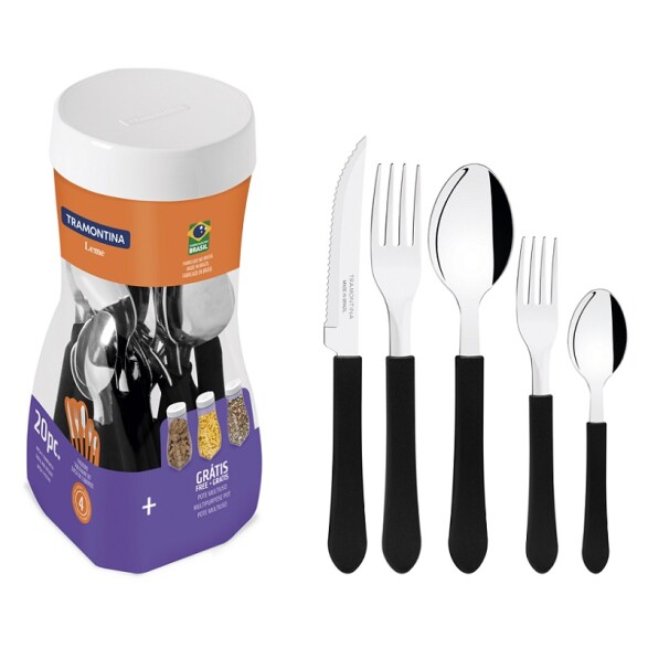 Juego de cubiertos negros (pote 20 piezas) "Leme" -TRAMONTINA TN7649