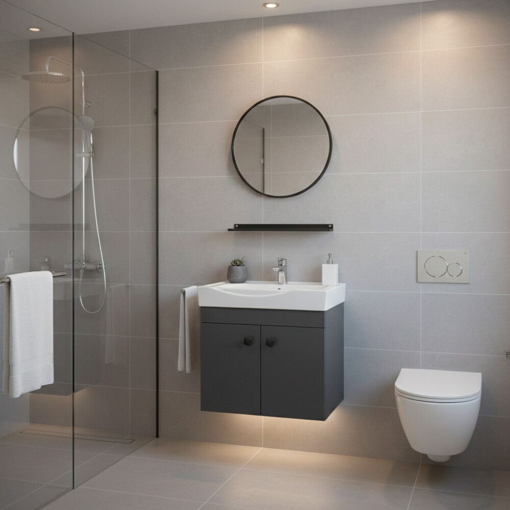 CONJUNTO DE BAÑO HABITARE MODELO OY101-50 / MUEBLE + BACHA + REPISA + ESPEJO REDONDO Conjunto De Baño Habitare Modelo Oy101-50 / Mueble + Bacha + Repisa + Espejo Redondo