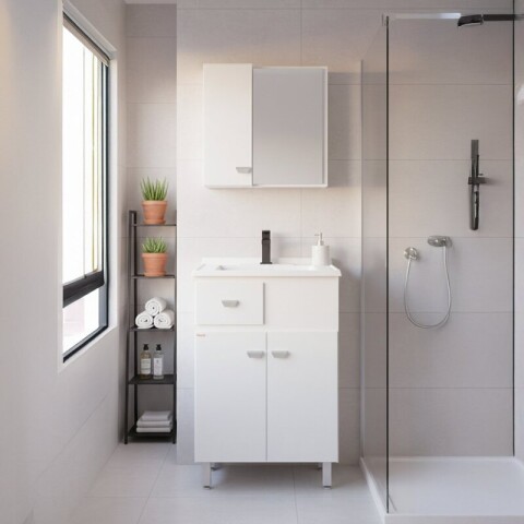 Mueble de Baño de Pie POP (56cm) | Set Blanco con Espejo y Lavatorio Mueble de Baño de Pie POP (56cm) | Set Blanco con Espejo y Lavatorio