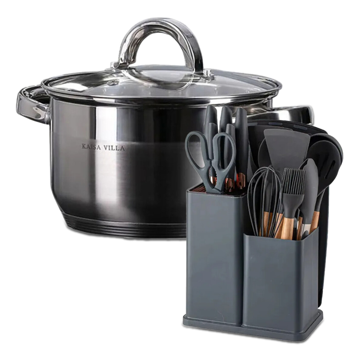 Set Cocina Utensilios 19Pzs + Olla Acero Inoxi 22cm 4,8L - Gris 