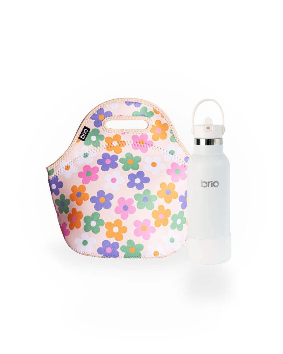 Set de lunchera de neopreno y botella de acero inoxidable 500ml brio - set florcitas colores/blanco 