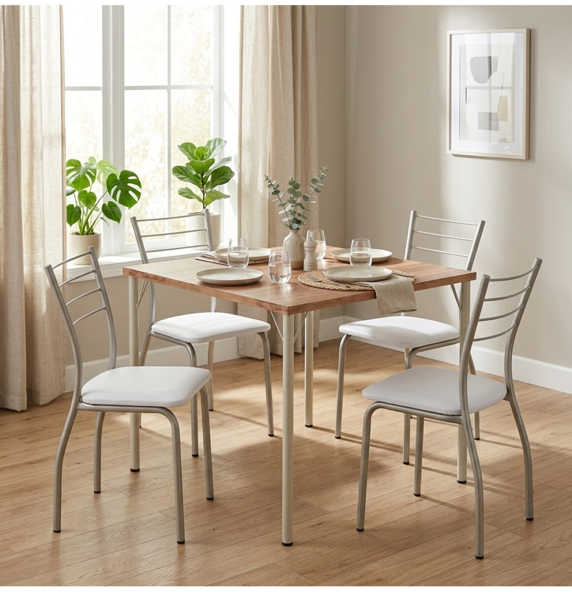 JUEGO DE COMEDOR MESA Y 4 SILLAS EN METAL - Plata 