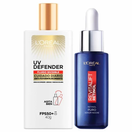 Pack L'Oreal Paris - Seum Revitalift Retinol Noche 30ml + Protector Solar UV Defender Cuidado Diario FPS 50+ Pack L'Oreal Paris - Seum Revitalift Retinol Noche 30ml + Protector Solar UV Defender Cuidado Diario FPS 50+