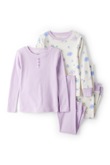 Pijama cuatro piezas de algodón, dos remeras manga larga y dos pantalones, diseño espacial Pijama cuatro piezas de algodón, dos remeras manga larga y dos pantalones, diseño espacial