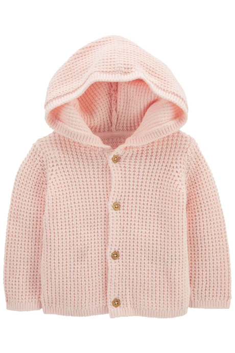 Saco de punto con capucha, rosado. Talles 0-24M Saco de punto con capucha, rosado. Talles 0-24M