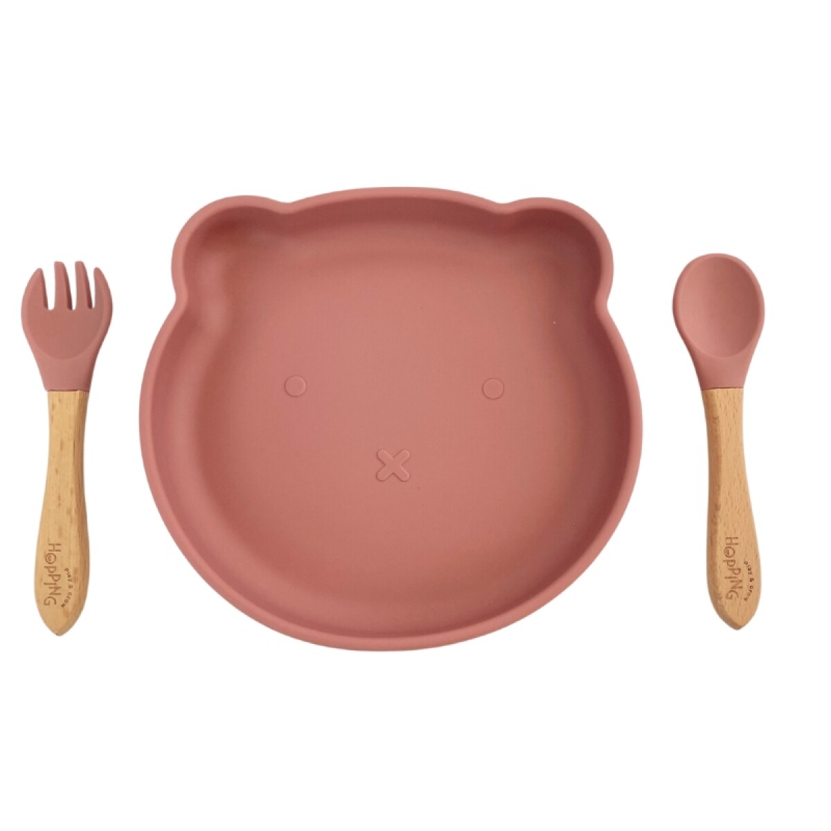 Plato Bear Silicona + Cubiertos Rosa Oscuro Hopping 