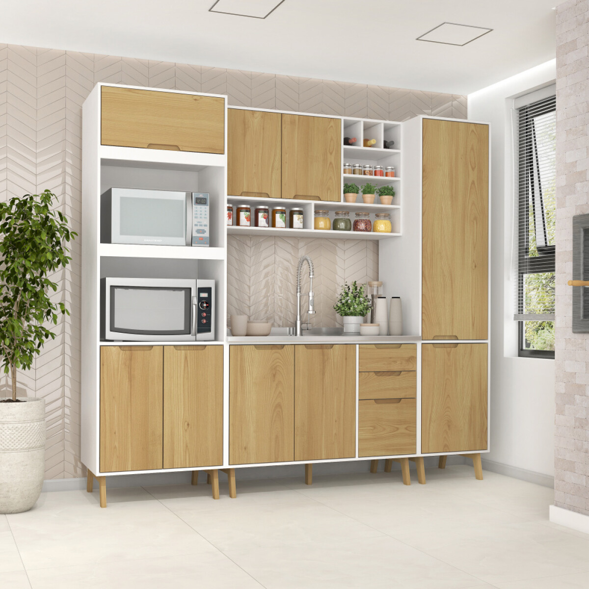 Kit de Cocina 4 Muebles, Alacena Multiusos, Bajo Mesada Aéreo con vinera y Multiusos Línea Melilla - MDP - MADERA - Blanco 