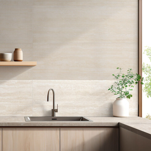 Ceramica Tipo Travertino Beige Decorado 3D 60X120Cm Pared GAMAS DE BEIGE
