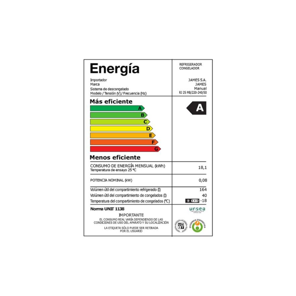 Heladera 204 L - RJ 25 MB Blanca - James Heladera 204 L - RJ 25 MB Blanca - James
