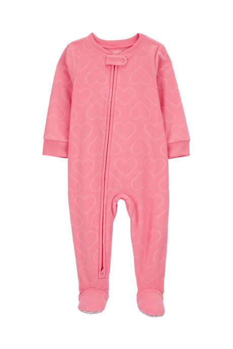 Pijama uno pieza de micropolar, con pie, rosado, diseño corazones. Talles 2-5T Pijama uno pieza de micropolar, con pie, rosado, diseño corazones. Talles 2-5T